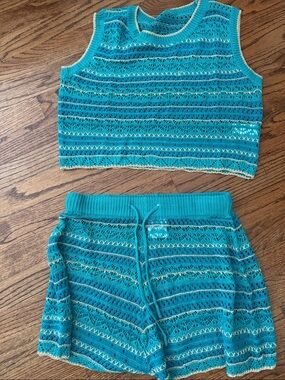 SHEIN Teal Crochet Knit Tank Top & Shorts Set. Brand new never been worn.